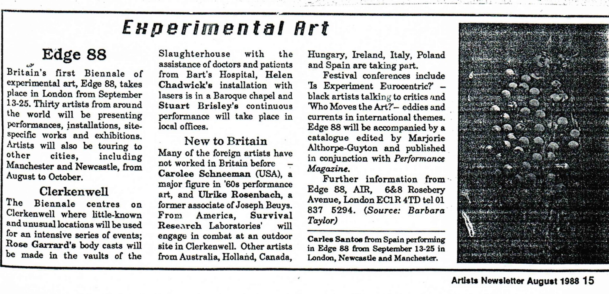 Article, Experimental Art - Edge 88, Artists Newsletter, August 1988