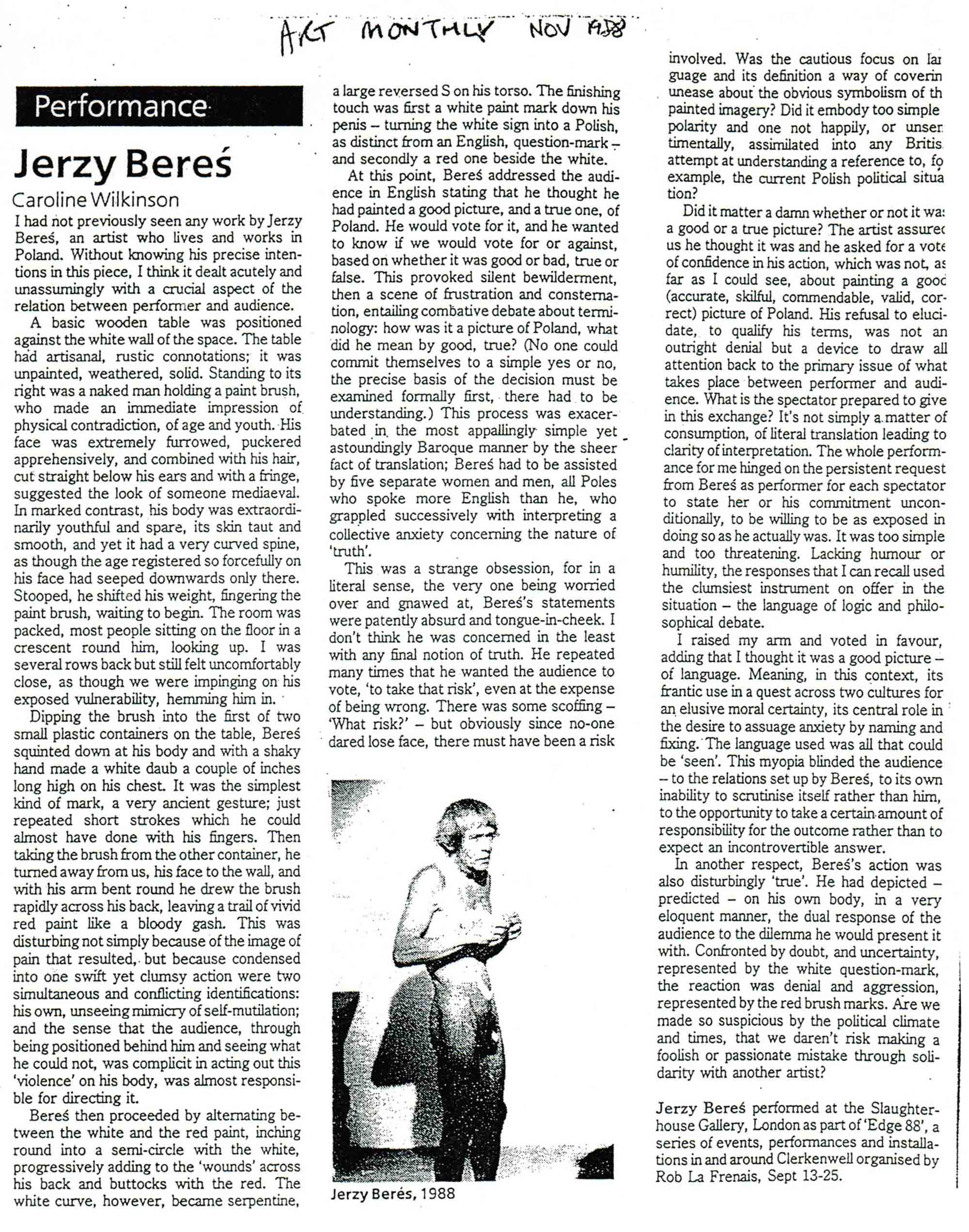 Article by Caroline Wilkinson, Performance Jerzy Beres in EDGE 88, Art Monthly, November 1988
