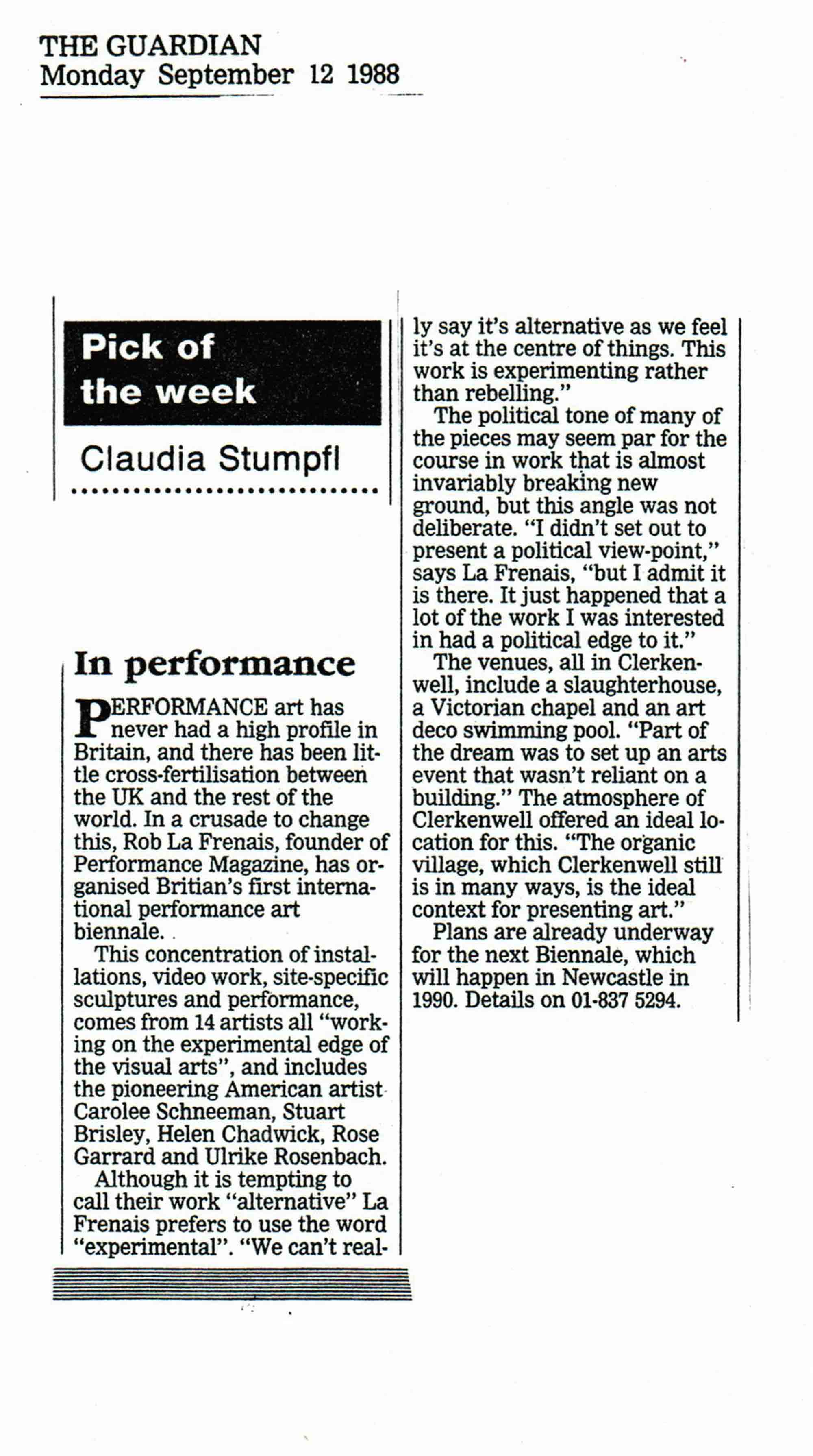 Article by Claudia Stumpfl, Pick of the Week In Performance, EDGE 88, The Guardian, 12 September 1988