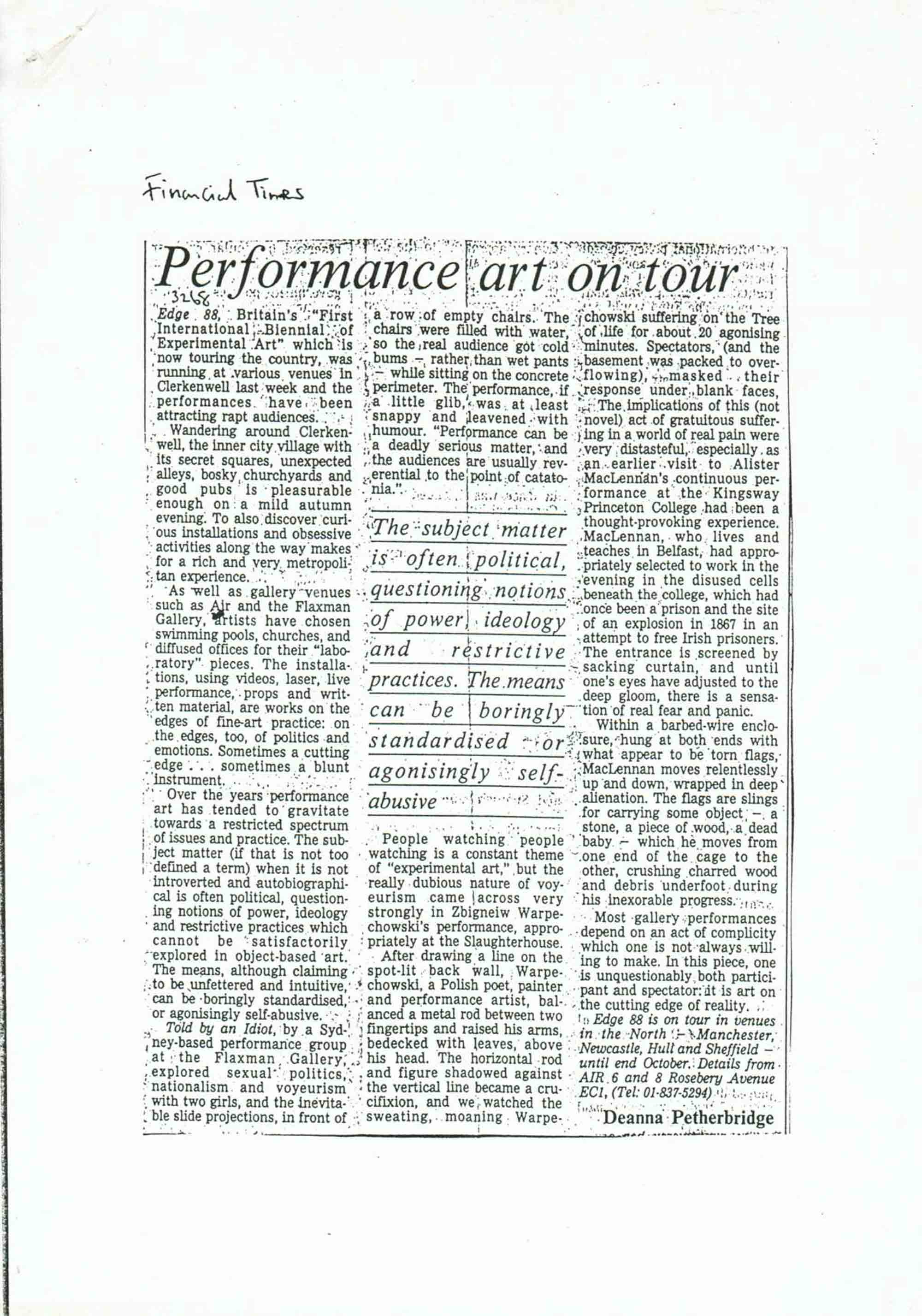 Article by Deanna Petherbridge, Performance Art on Tour, Financial Times, 1988