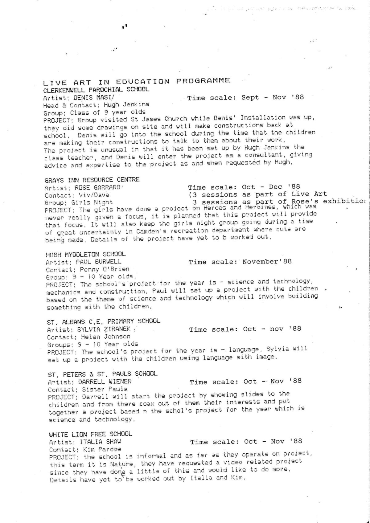 Live Art in Education programme, 1988 (Page 1 of 5)