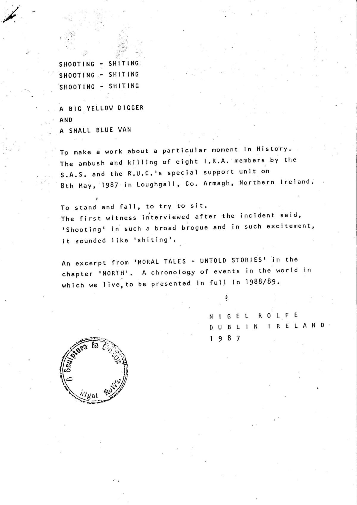 Nigel Rolfe, Proposal 'Shooting Shitting', 1988 (Page 1 of 4)