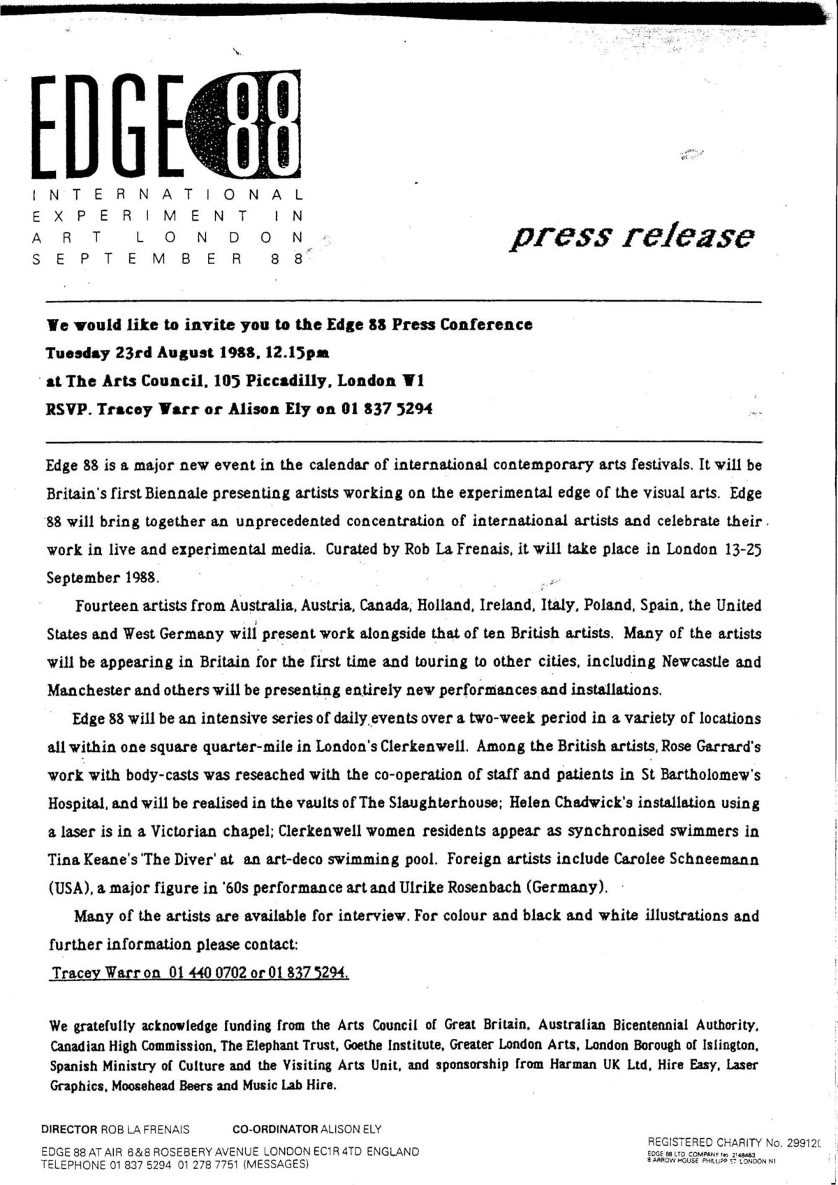 Press Release Invitation to Press Conference, 1988