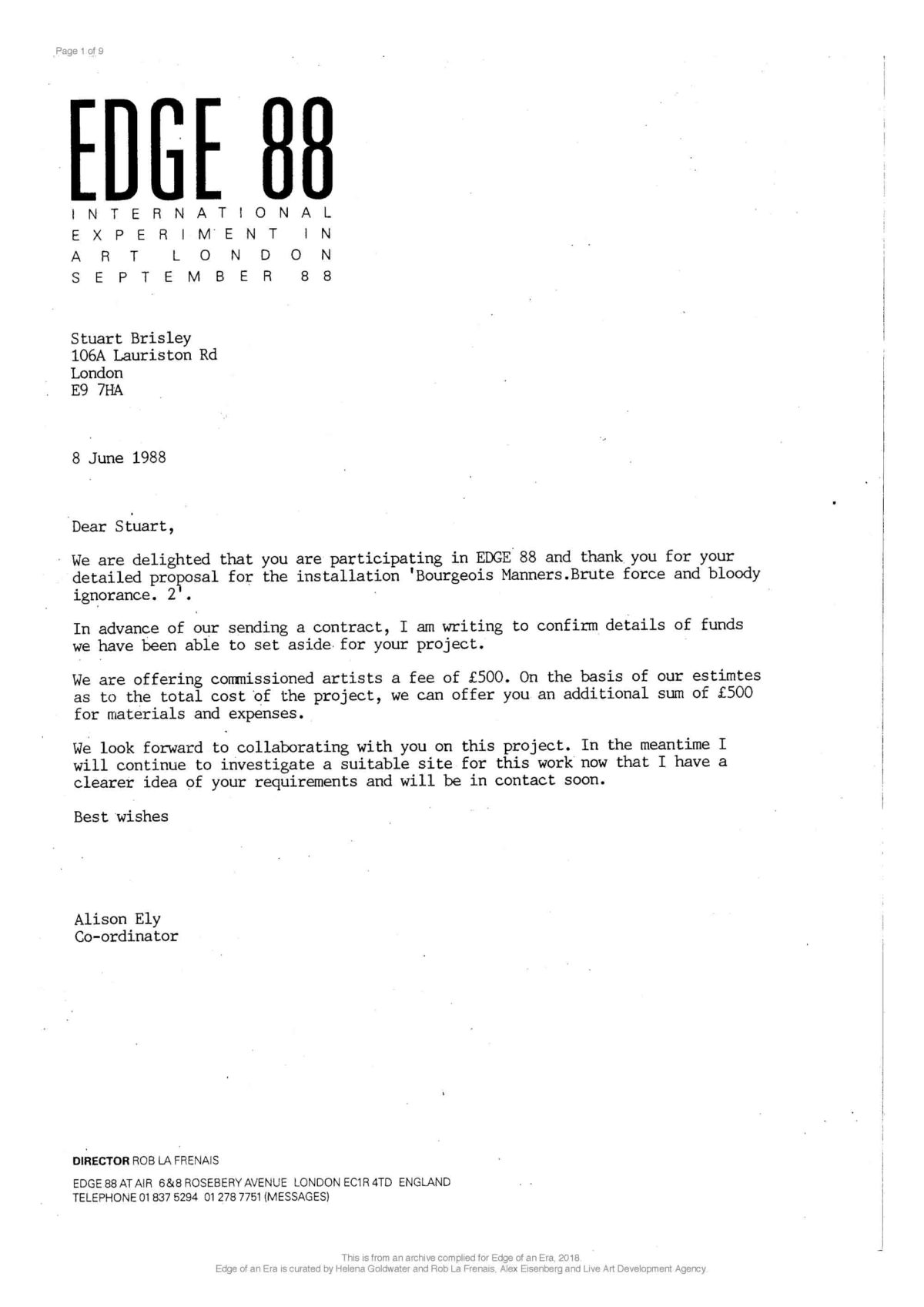 Stuart Brisley, Correspondence, 1988 (Page 1 of 9)