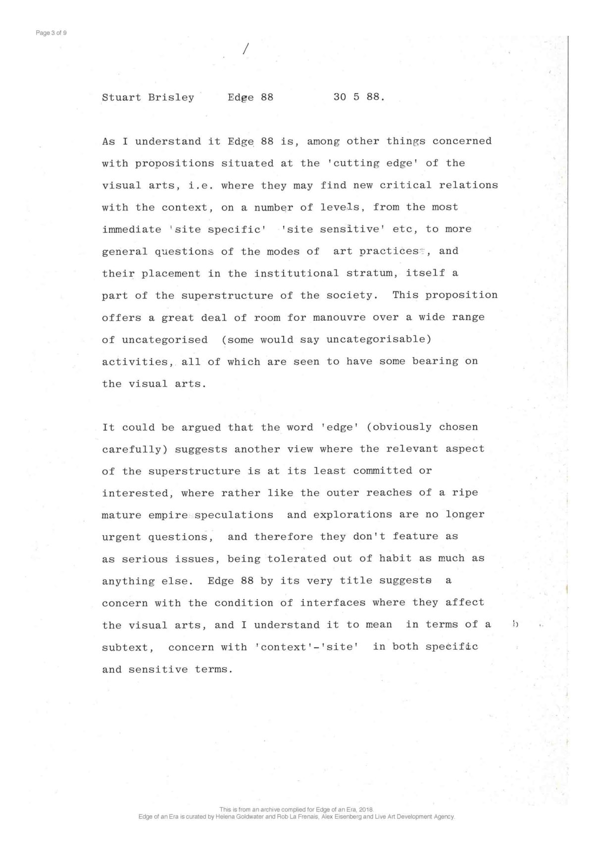 Stuart Brisley, Correspondence, 1988 (Page 3 of 9)