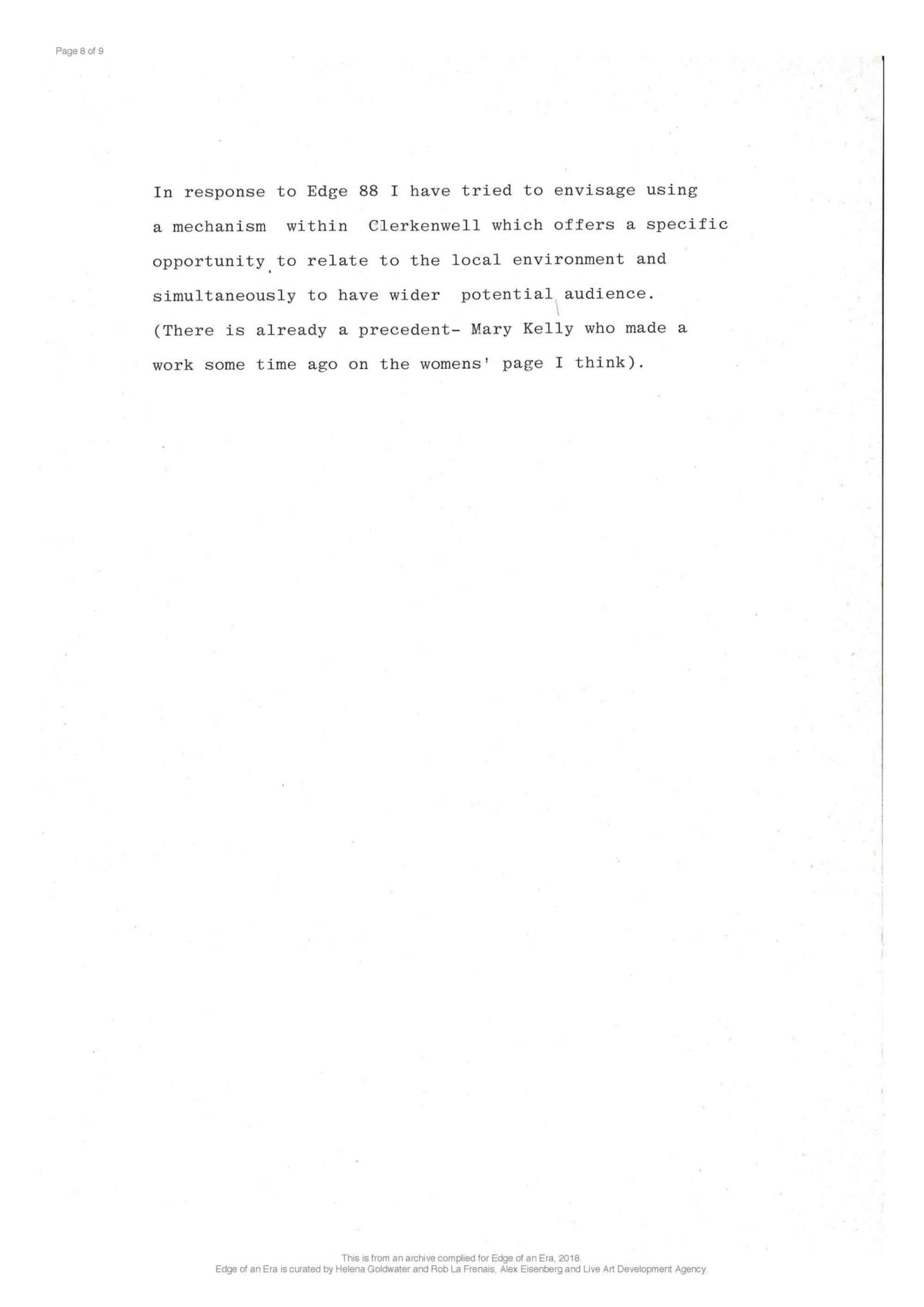 Stuart Brisley, Correspondence, 1988 (Page 8 of 9)