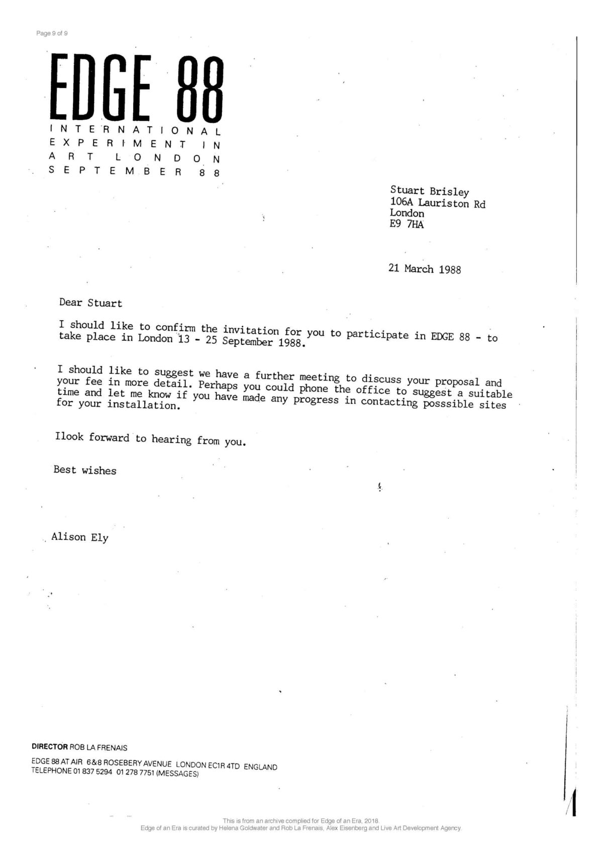 Stuart Brisley, Correspondence, 1988 (Page 9 of 9)