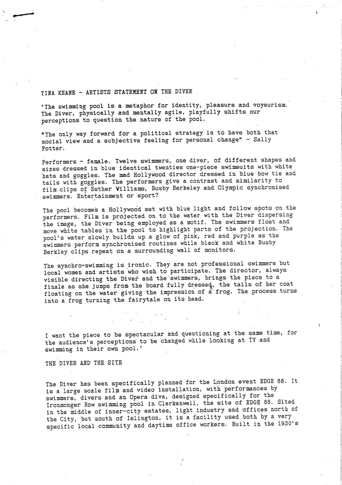 Tina Keane, Artists Statement 'The Diver', 1988 (Page 1 of 2)