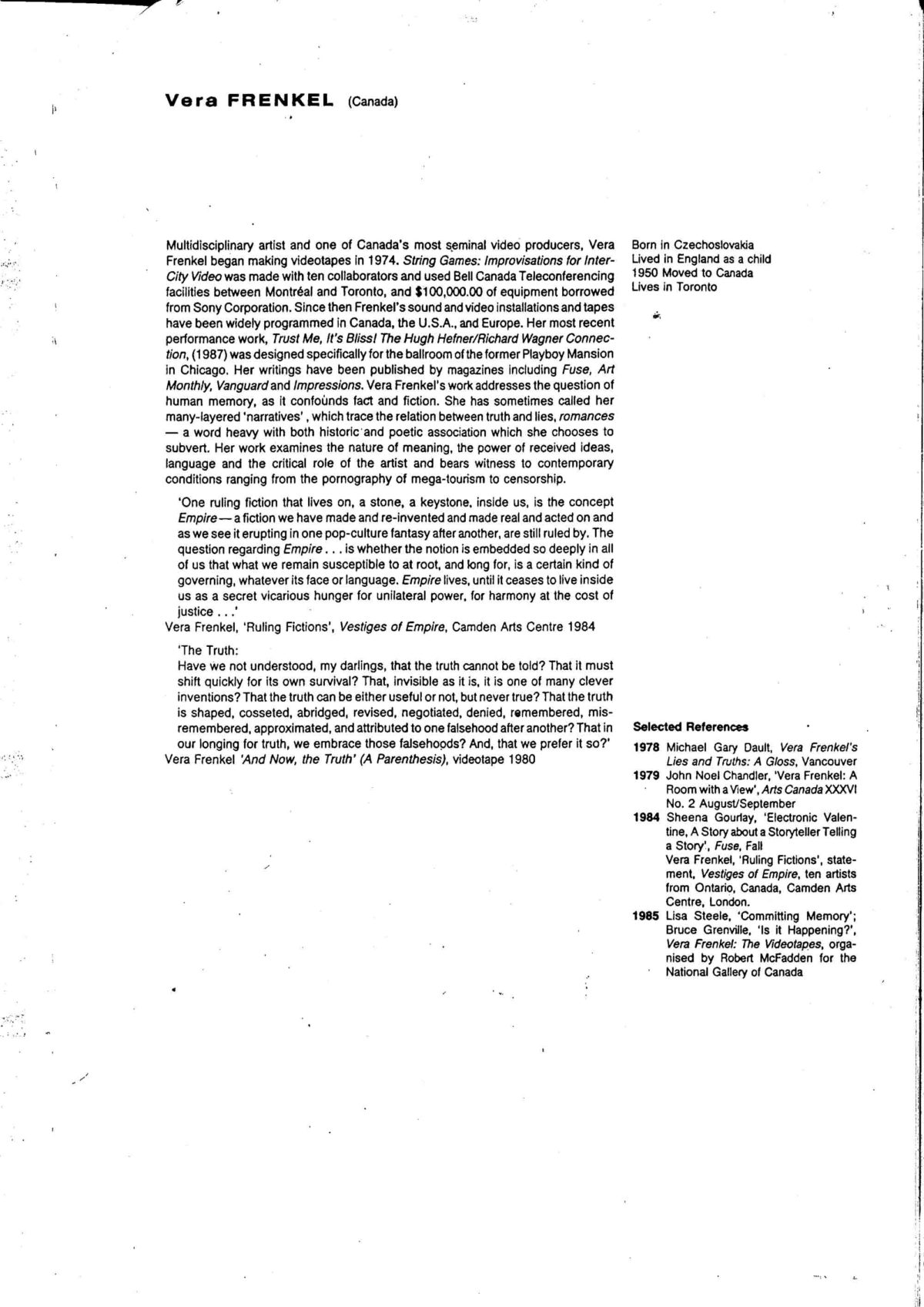 Vera Frenkel, Information Accompanying Pack, 1988 (Page 5 of 19)